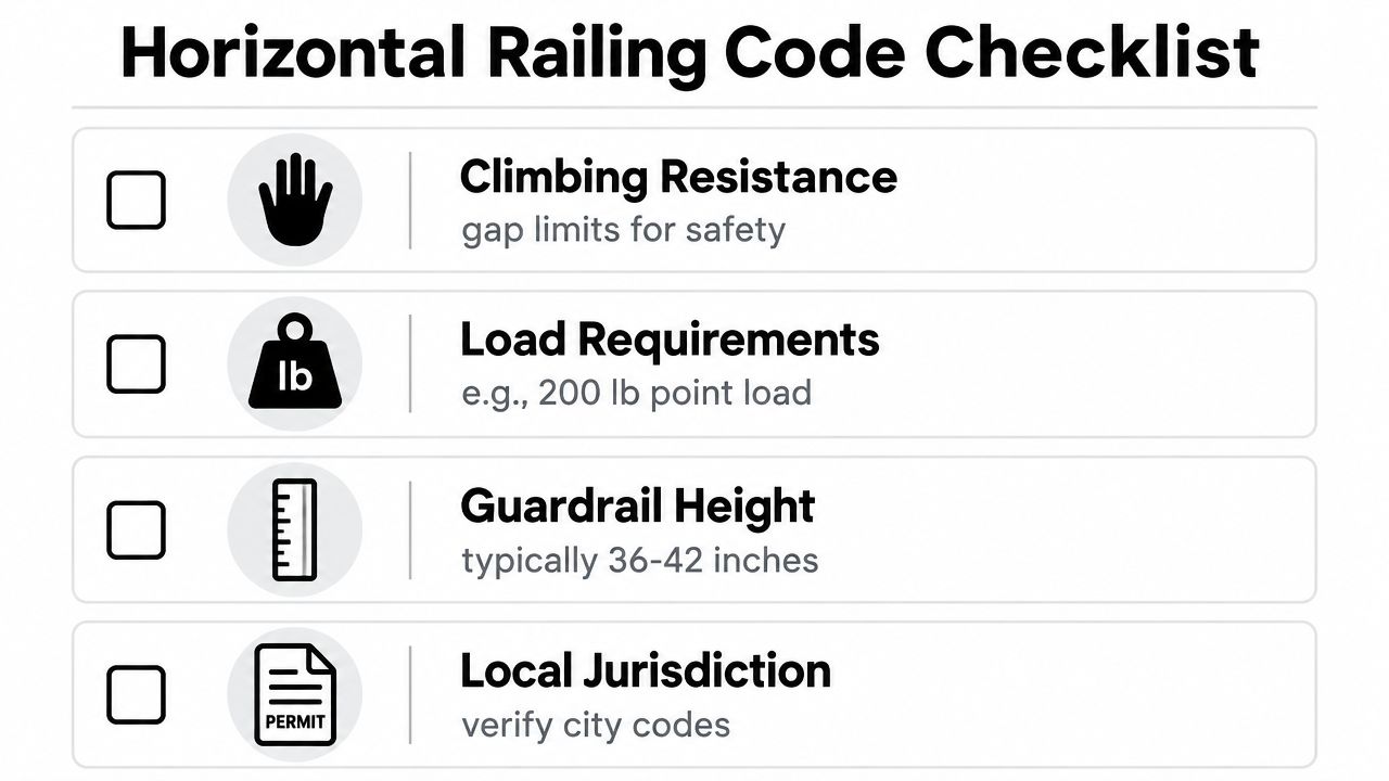 A checklist for horizontal railing codes, listing requirements like climbing resistance, load, height, and local jurisdiction.