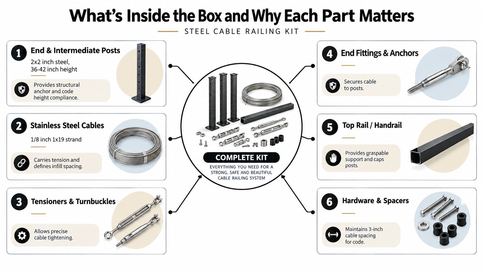 An infographic detailing the contents of a steel cable railing kit and the purpose of each component.