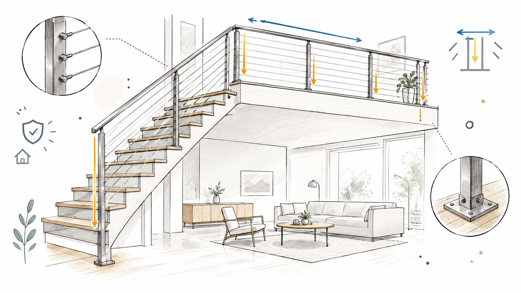 A detailed technical sketch showing the installation of an interior stainless steel cable railing system for stairs.