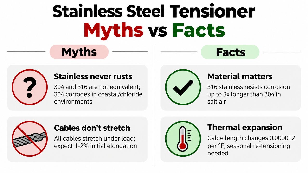 An infographic comparing common myths versus facts regarding stainless steel tensioners and cable performance.