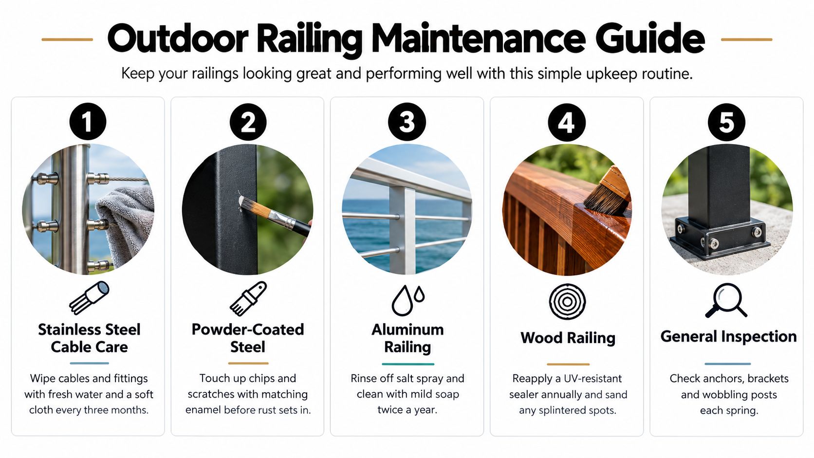 A maintenance guide infographic for outdoor railings with five steps for cleaning and inspection.