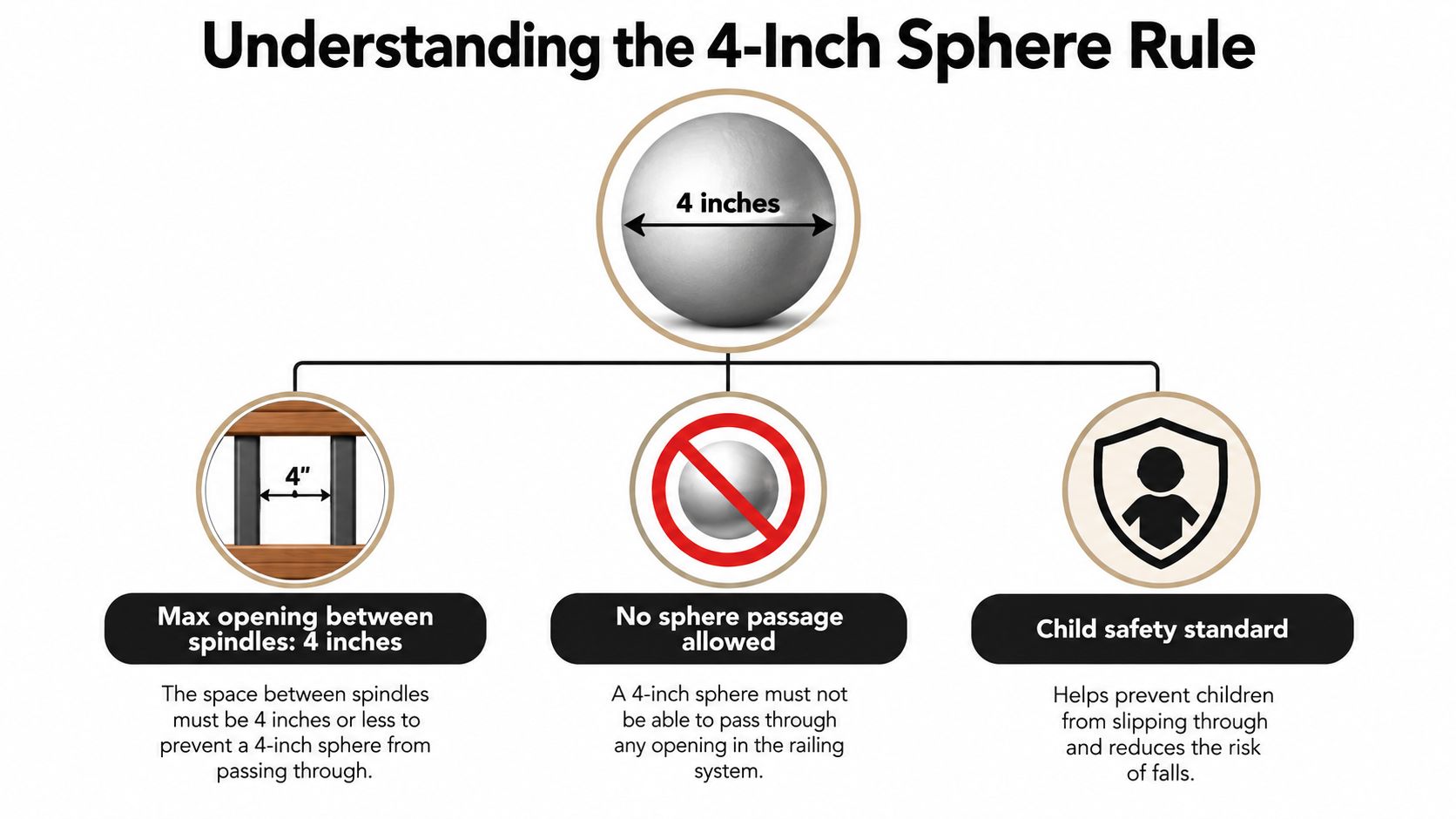 An infographic explaining the 4-inch sphere rule for deck railing spindle spacing to ensure child safety.