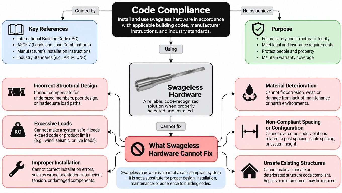 A flowchart explaining code compliance, purpose, and limitations of using swageless hardware for cable railing systems.