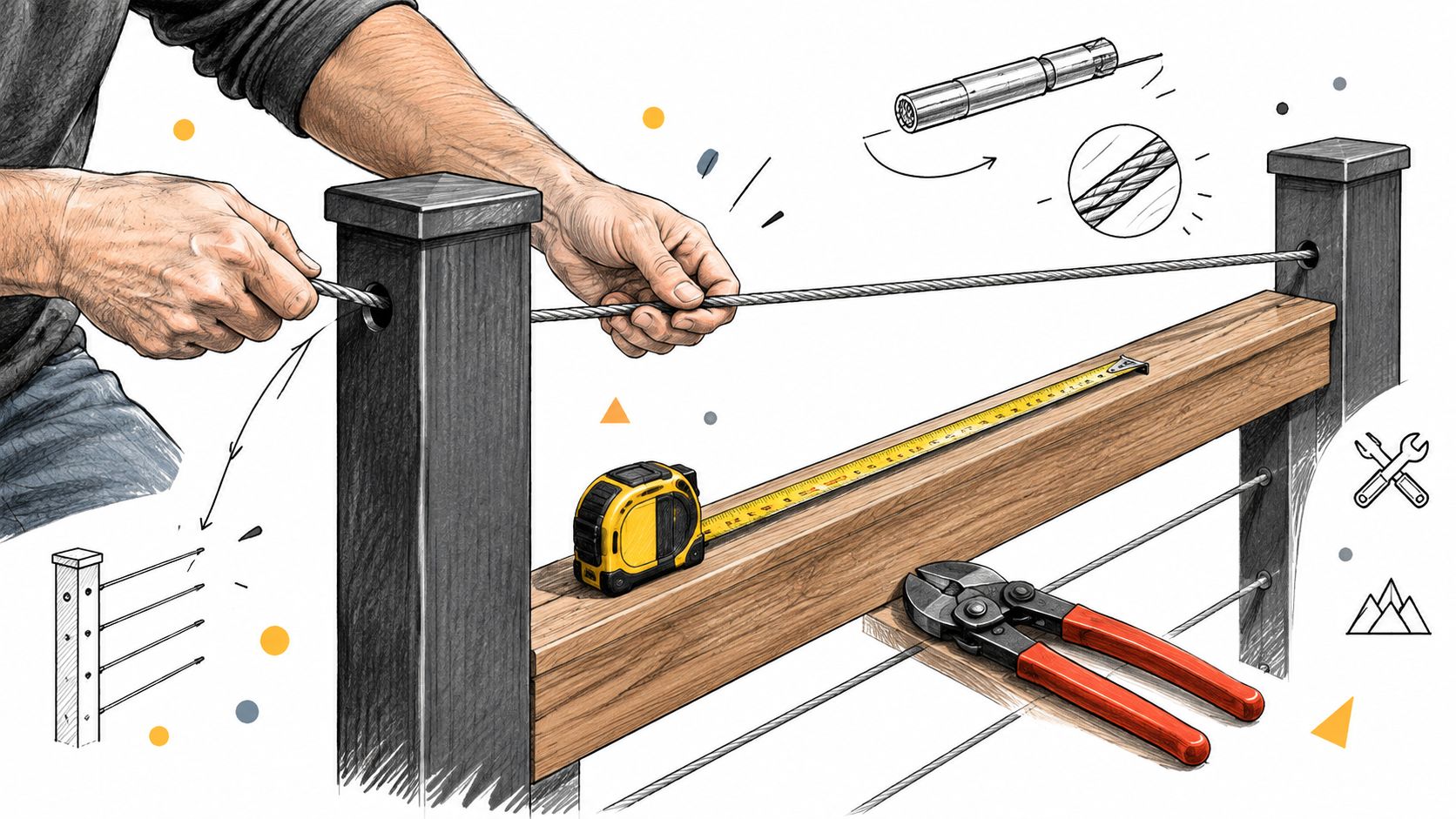 A person installing a cable deck railing using tools, a measuring tape, and professional metal hardware.