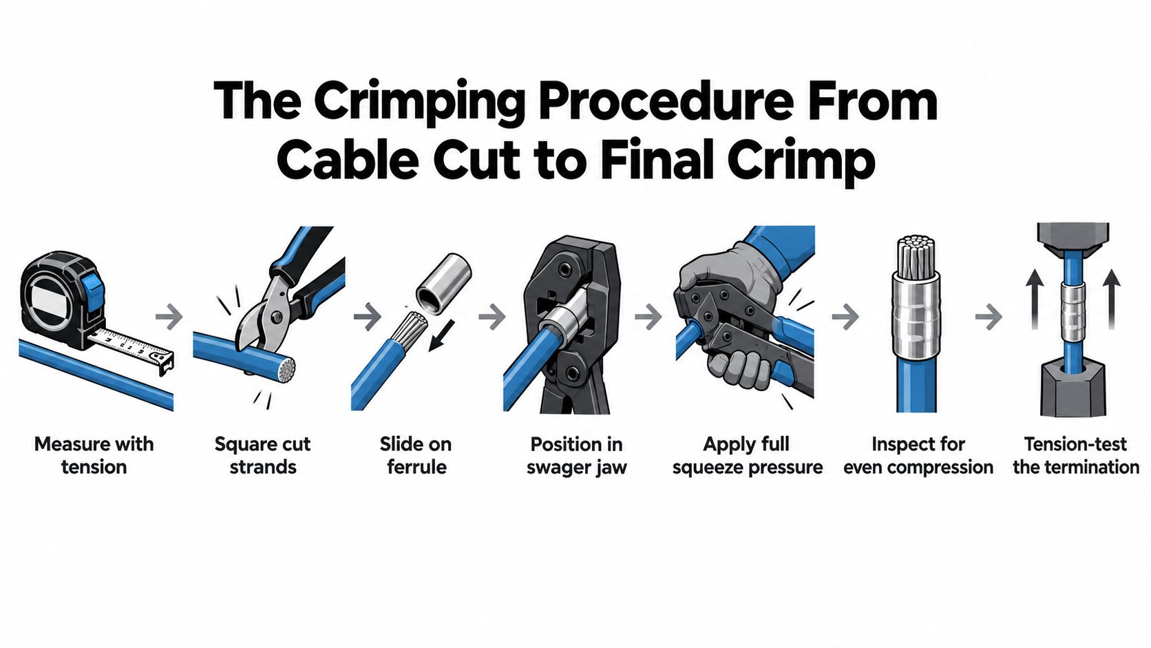 A step-by-step visual guide illustrating the seven stages of the wire rope crimping and termination process.