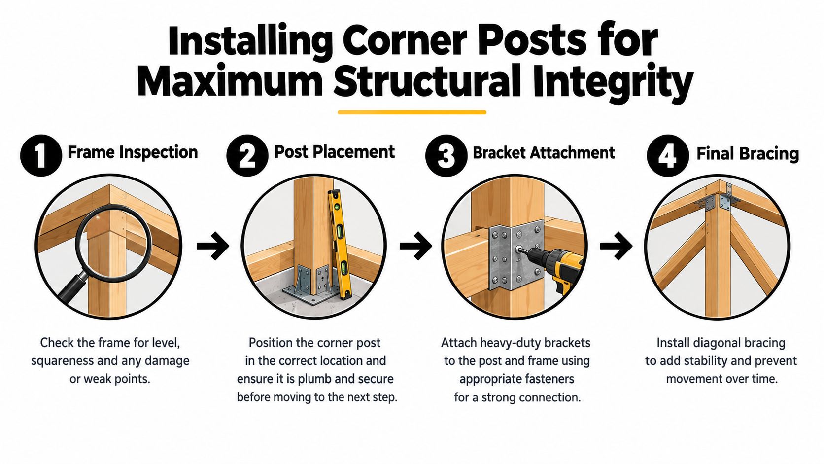 A four-step infographic showing the process of installing corner posts for maximum structural integrity in construction.