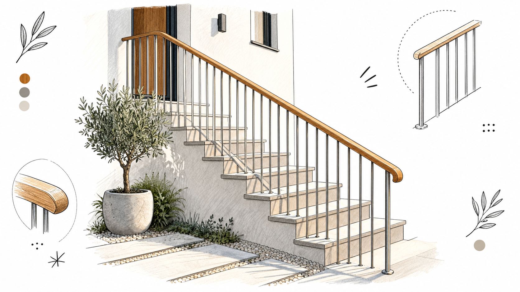 A pencil sketch of an exterior staircase featuring a wooden handrail with modern metal railing balusters.