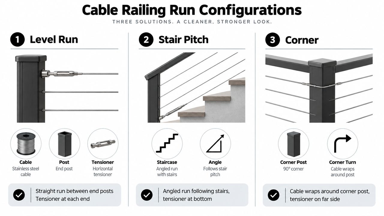 A diagram illustrating three different cable railing installation configurations for level runs, stair pitches, and corners.
