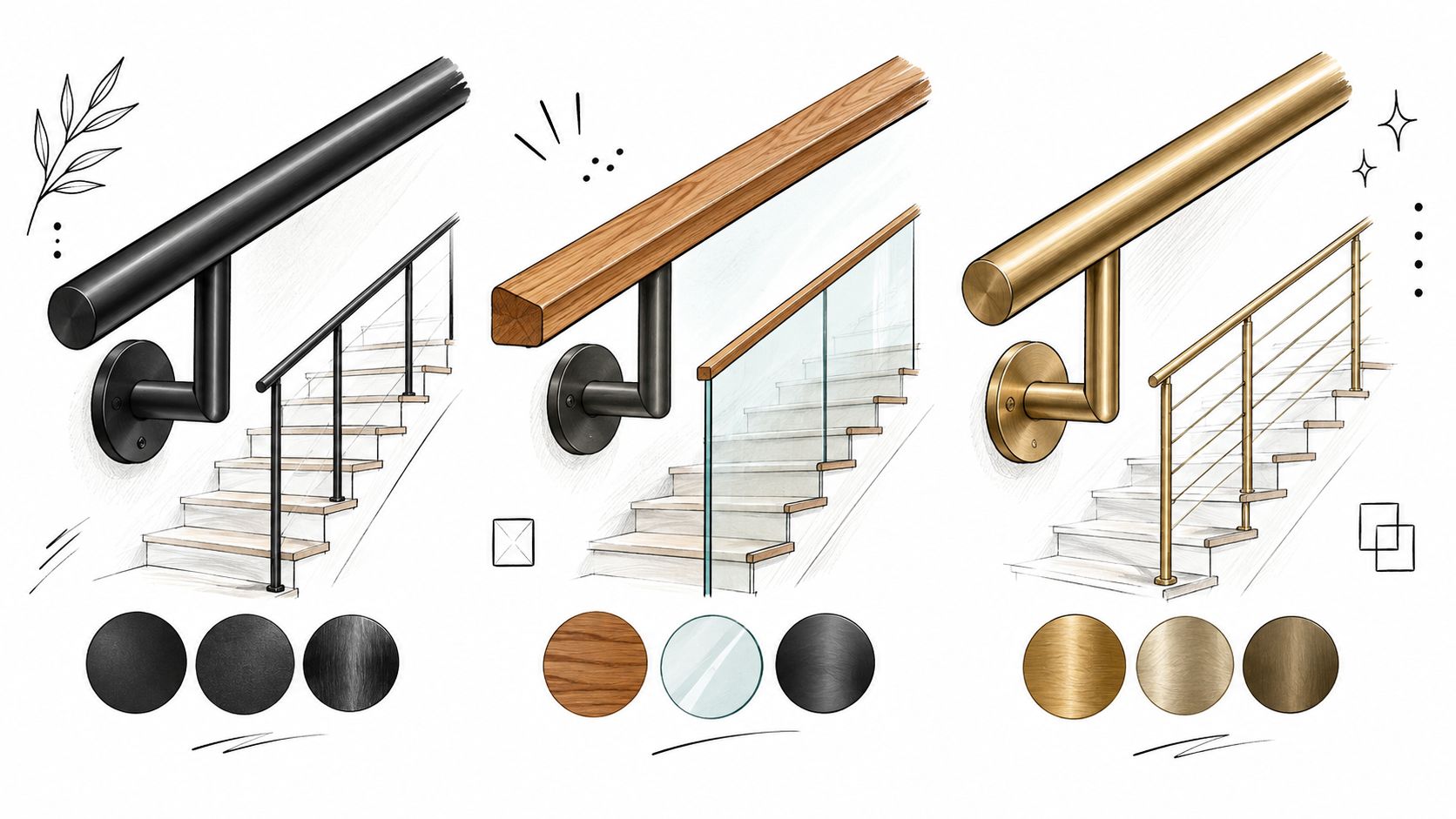 A design illustration showing three types of stair railing systems with various material finishes and mounting options.