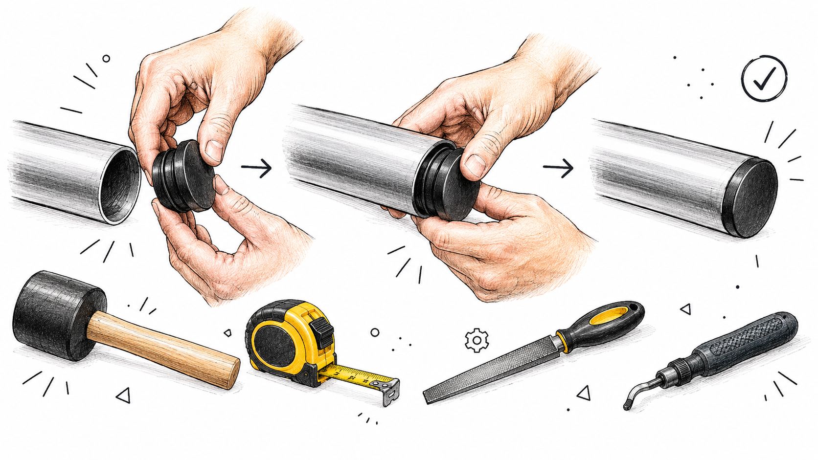 A hand-drawn illustration showing the step-by-step installation process of black plastic end caps into metal railing tubes.
