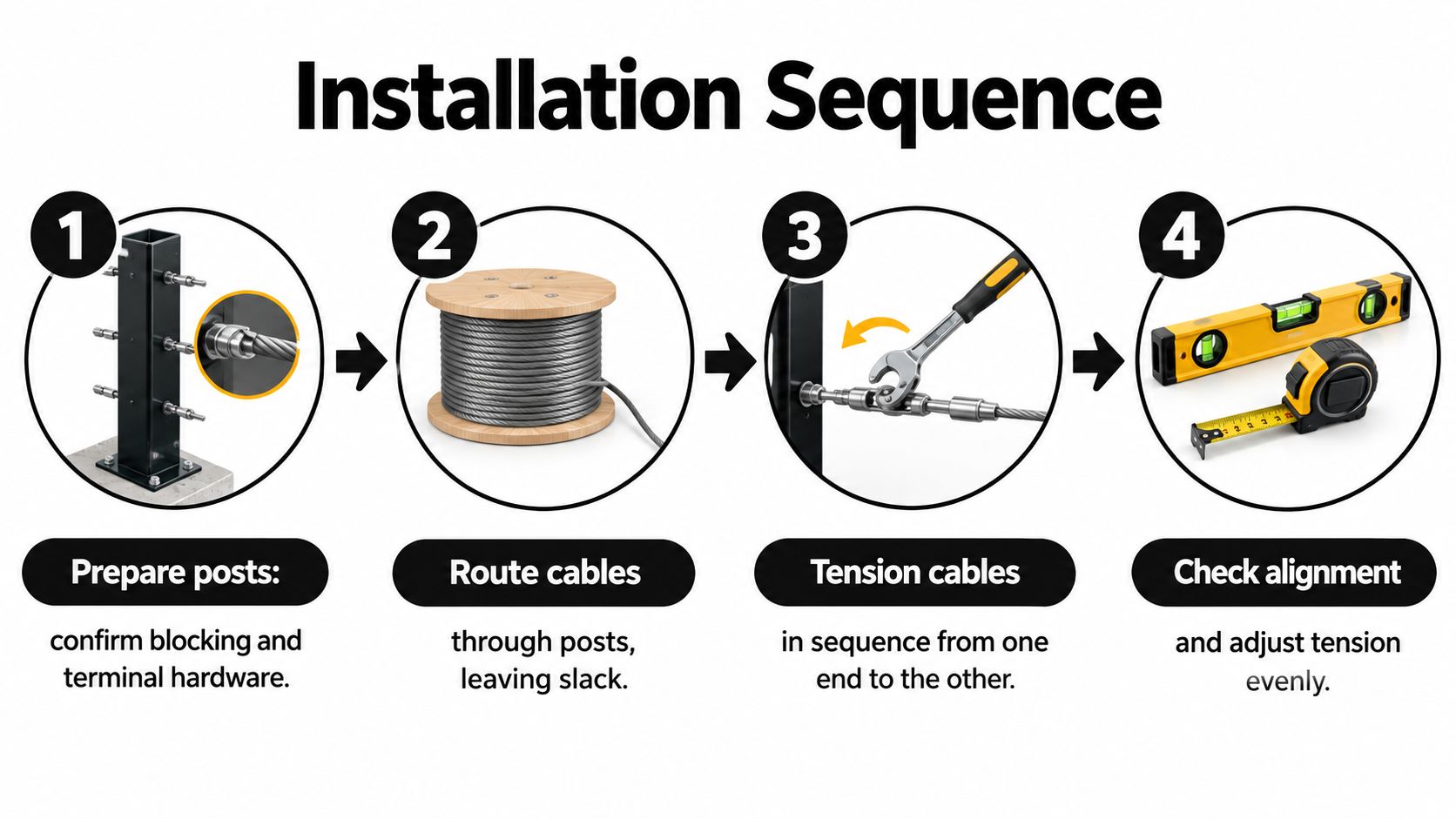A four-step graphic illustrating the installation sequence for a cable railing system including posts, cables, and tools.