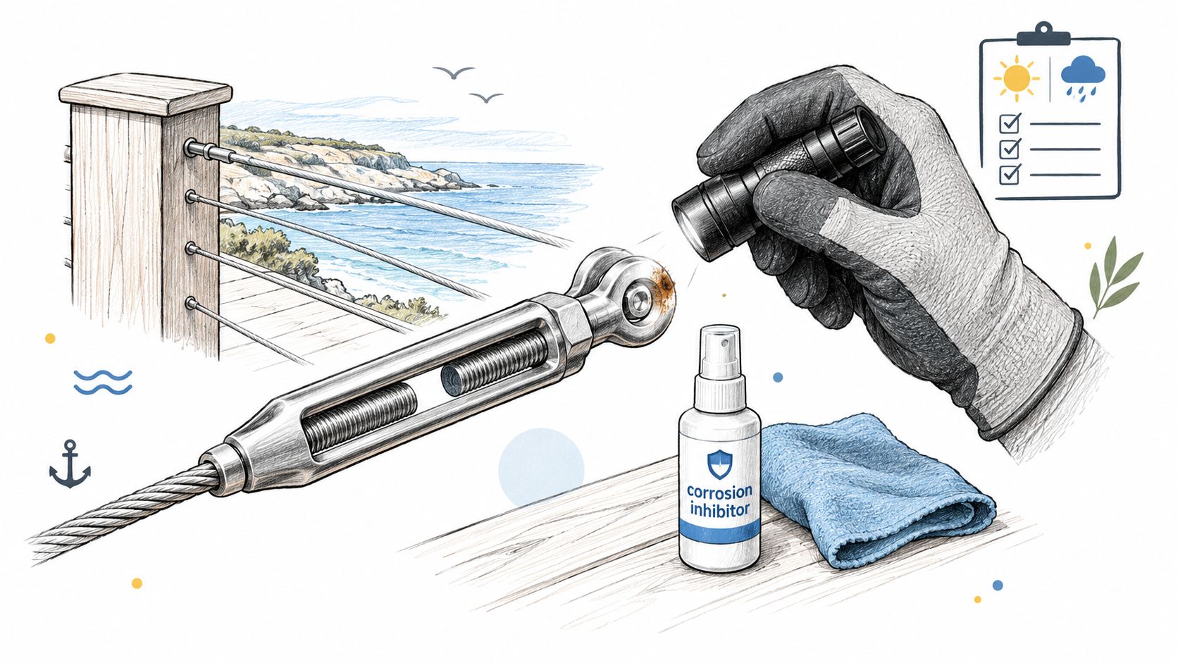 A gloved hand uses a flashlight to inspect rust on a cable railing tensioner near the ocean.