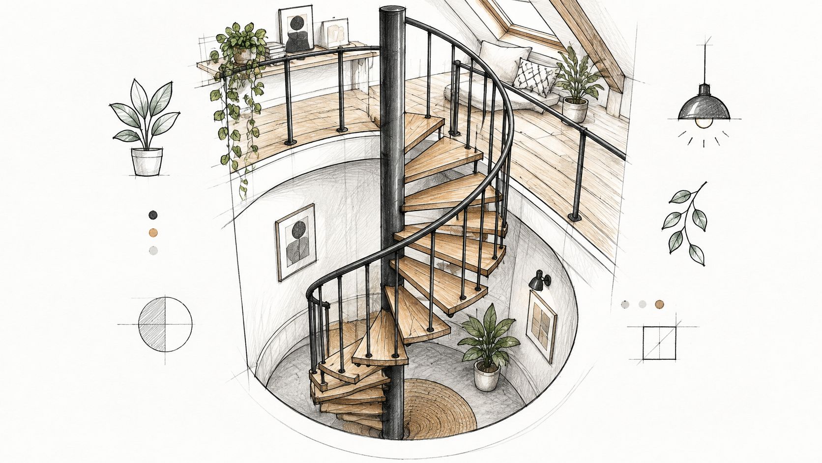 A detailed architectural sketch of a modern wooden spiral staircase inside a cozy home interior setting.