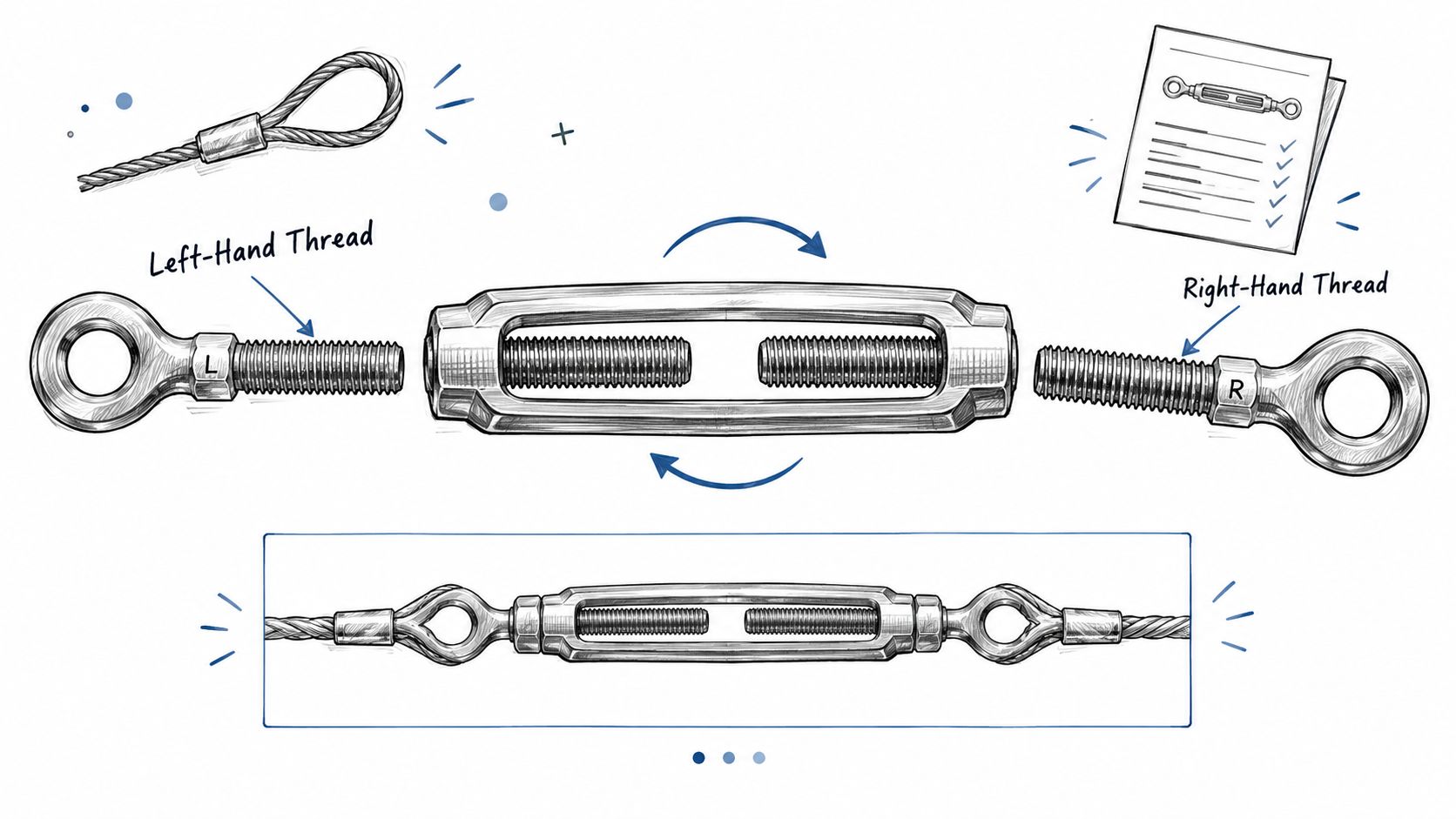 A diagram illustrating the assembly process of a stainless steel turnbuckle tensioner for wire cable systems.