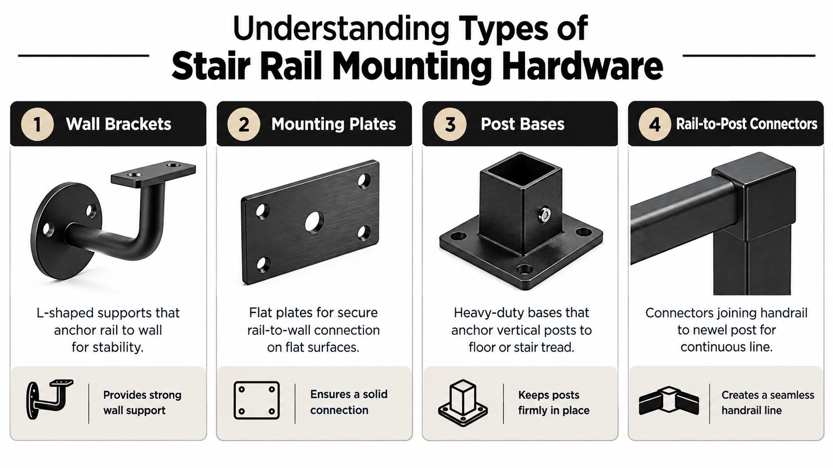 A diagram illustrating four types of stair rail mounting hardware: wall brackets, mounting plates, post bases, and connectors.