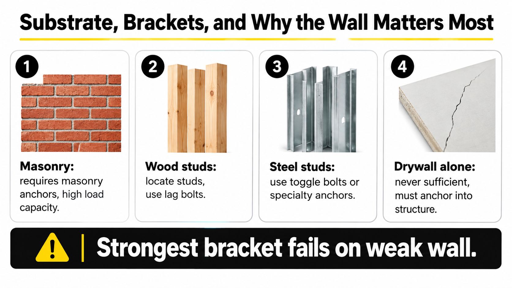 An infographic detailing how to choose appropriate wall anchors for masonry, wood studs, steel studs, and drywall.