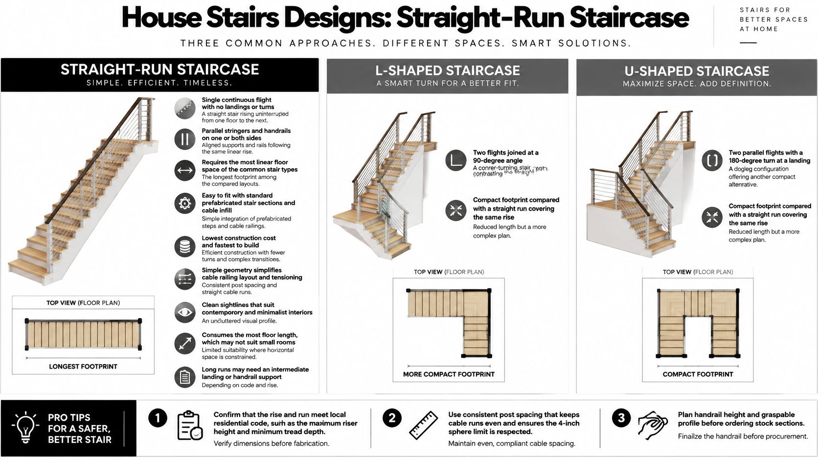 An infographic comparing three types of house stairs designs: straight-run, L-shaped, and U-shaped staircase configurations.