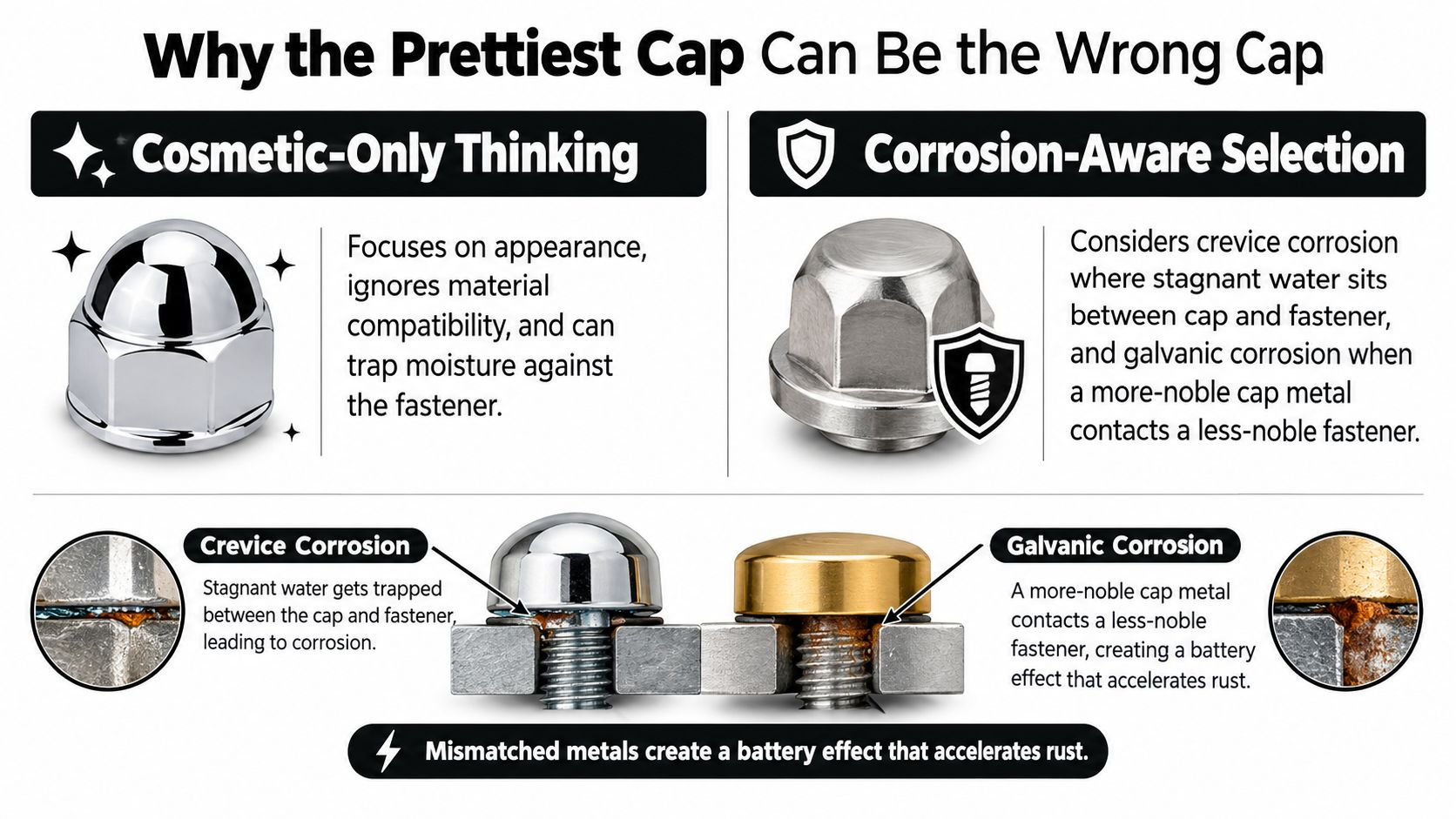 An infographic showing why choosing improper bolt cap covers leads to crevice and galvanic corrosion on fasteners.