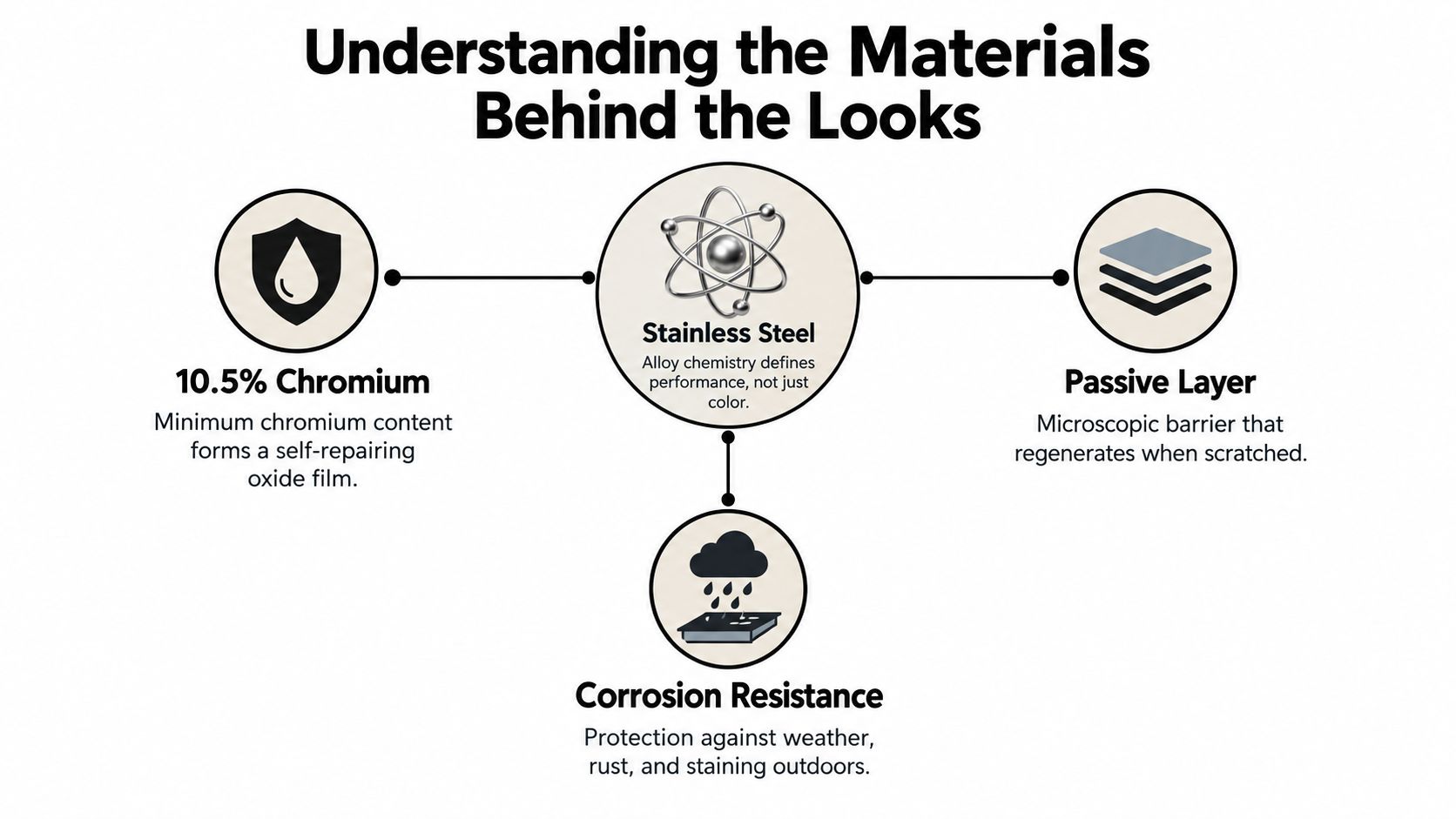 An infographic explaining how stainless steel works, including 10.5 percent chromium, a passive layer, and corrosion resistance.
