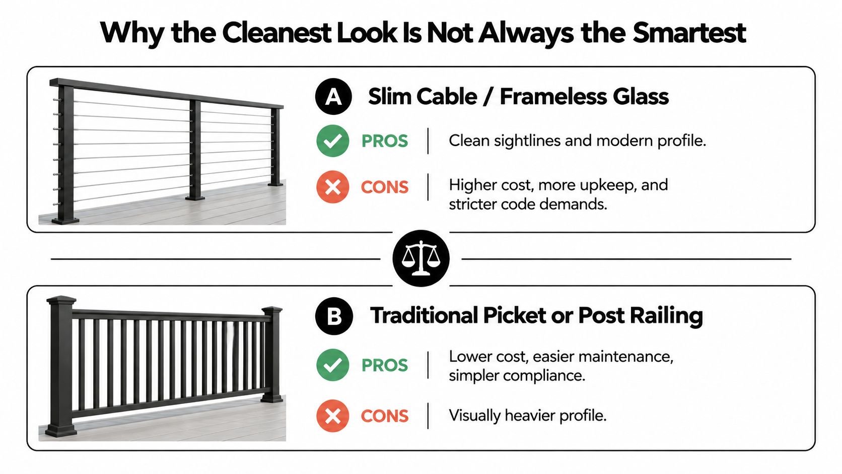 A comparison chart showing pros and cons of slim cable railings versus traditional picket deck railings.