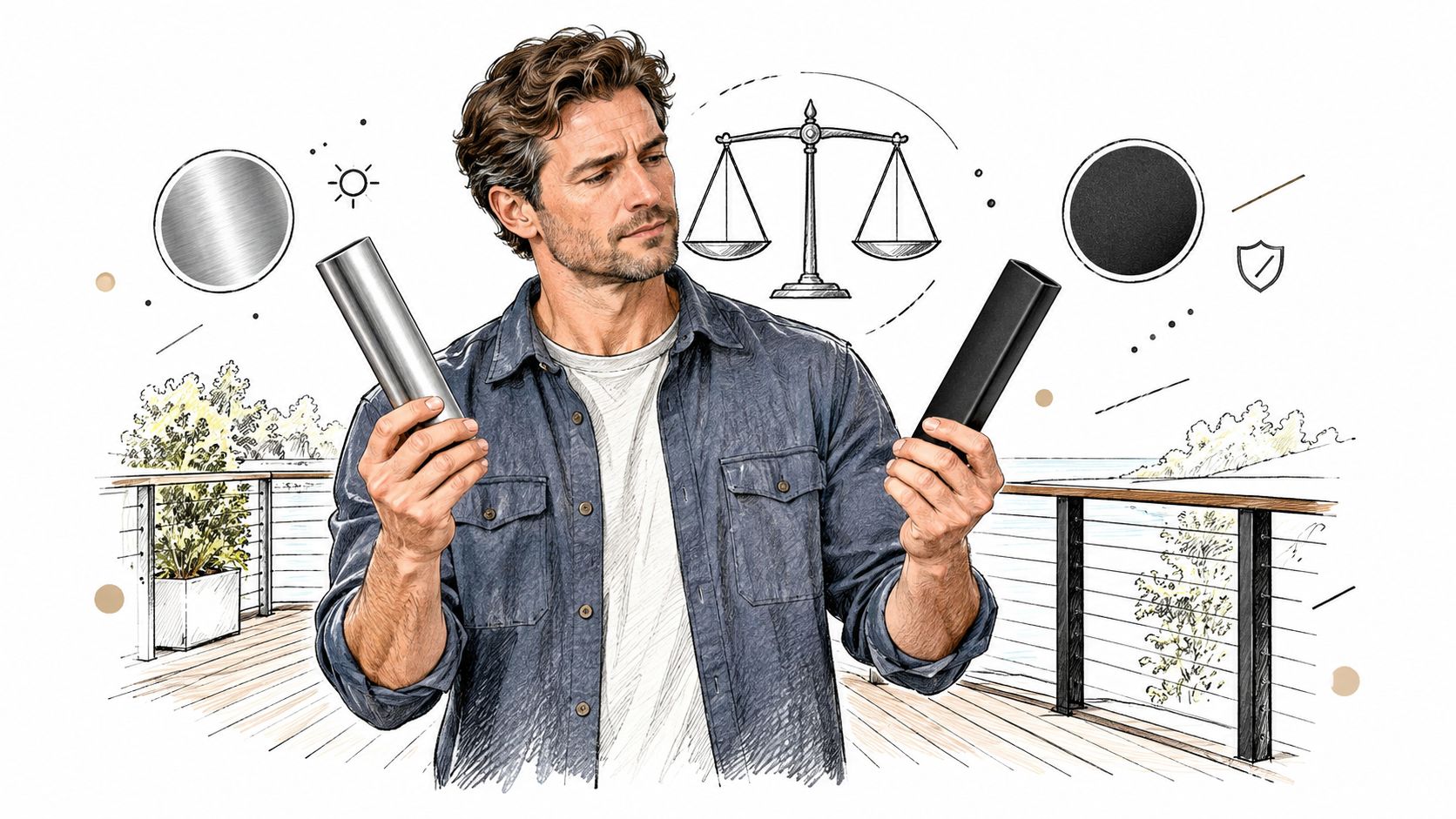 A man thoughtfully comparing a silver stainless steel pole and a black stainless steel pole outdoors.