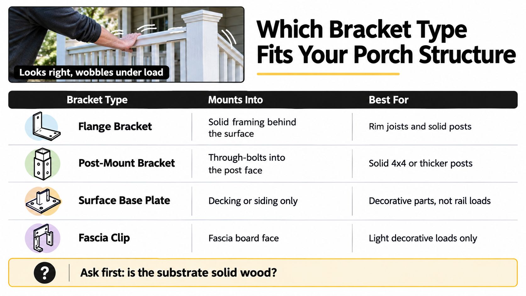 A guide chart explaining different porch railing mounting bracket types and their appropriate installation surface structures.