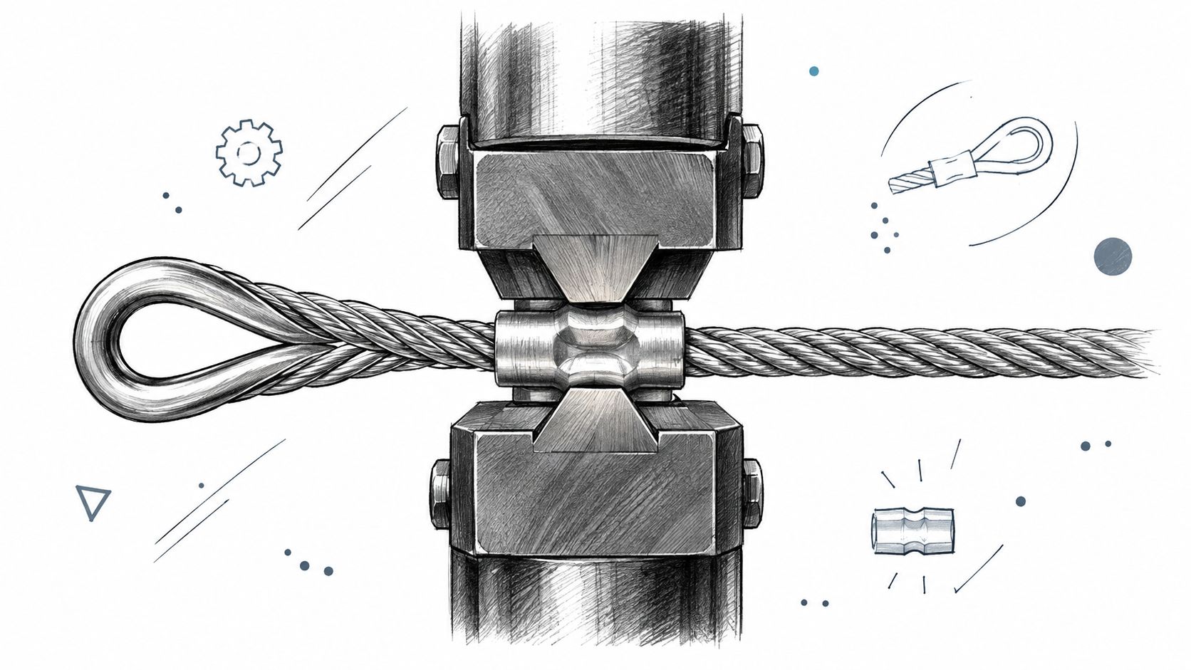 A professional illustration of a mechanical press crimping a stainless steel cable eyelet onto a wire rope.