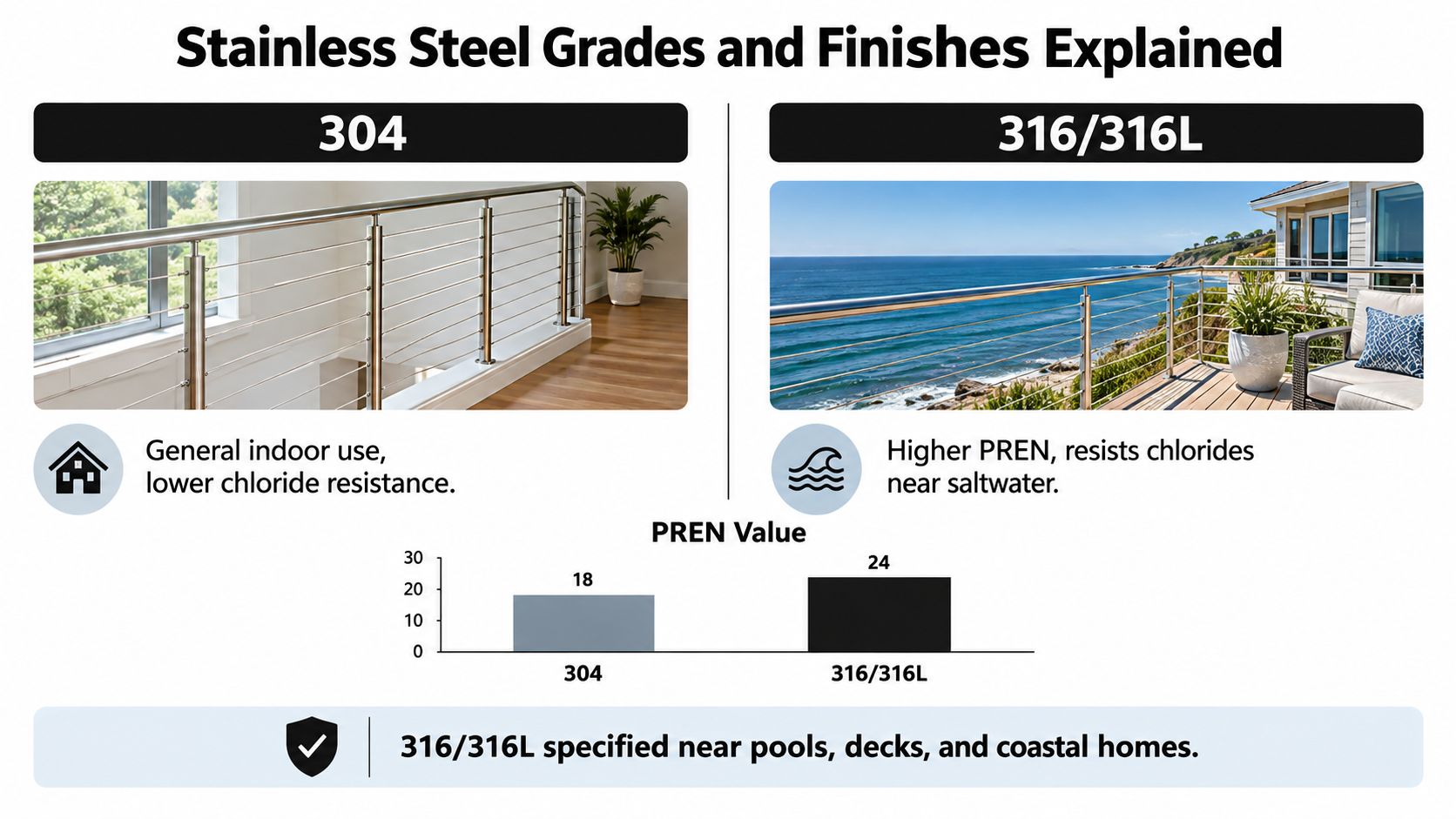 A comparison chart showing 304 versus 316/316L stainless steel grades for indoor and coastal railing applications.