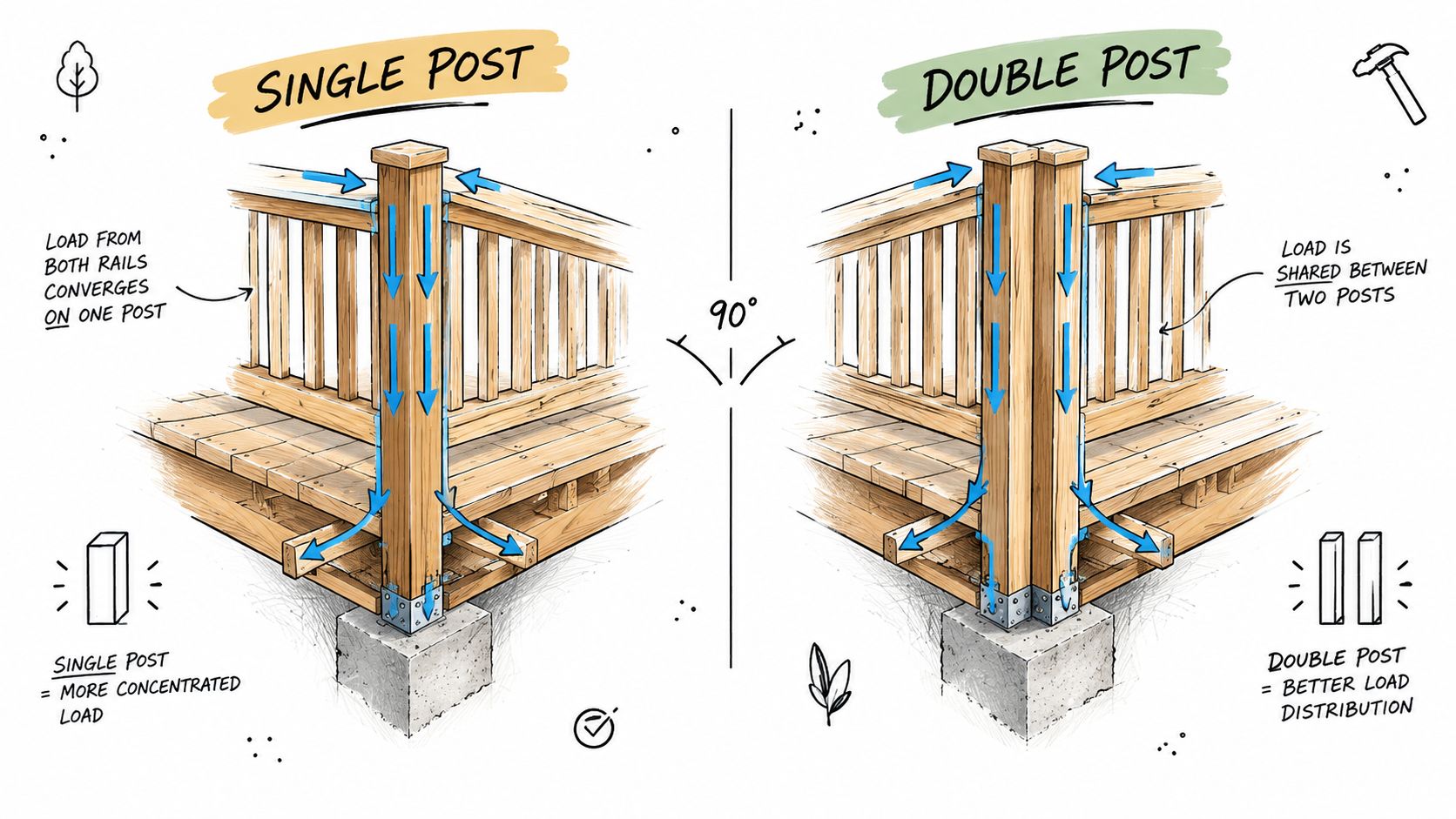 A diagram comparing single and double post installation methods for securing a 90-degree deck railing corner.