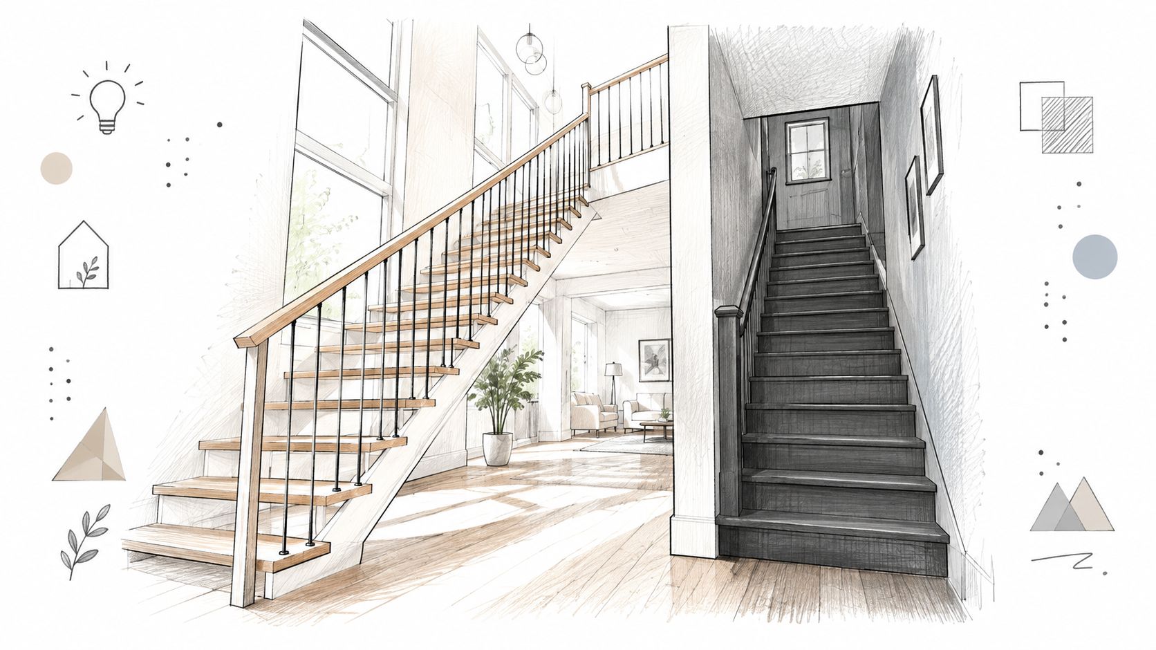 A dual-staircase interior sketch featuring open railing stairs on the left and a darker enclosed staircase.