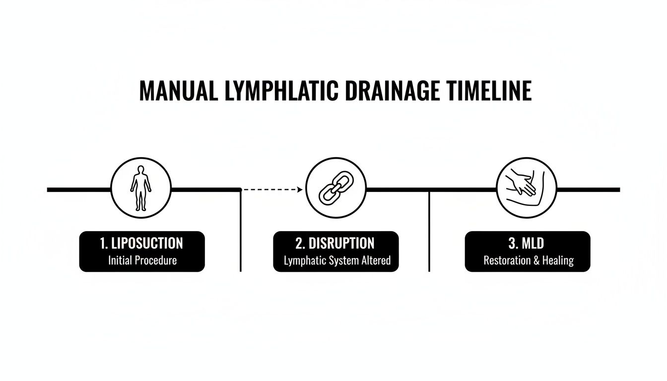 Timeline illustrating the process of manual lymphatic drainage (MLD) after liposuction, detailing initial procedure, disruption, and healing phases.