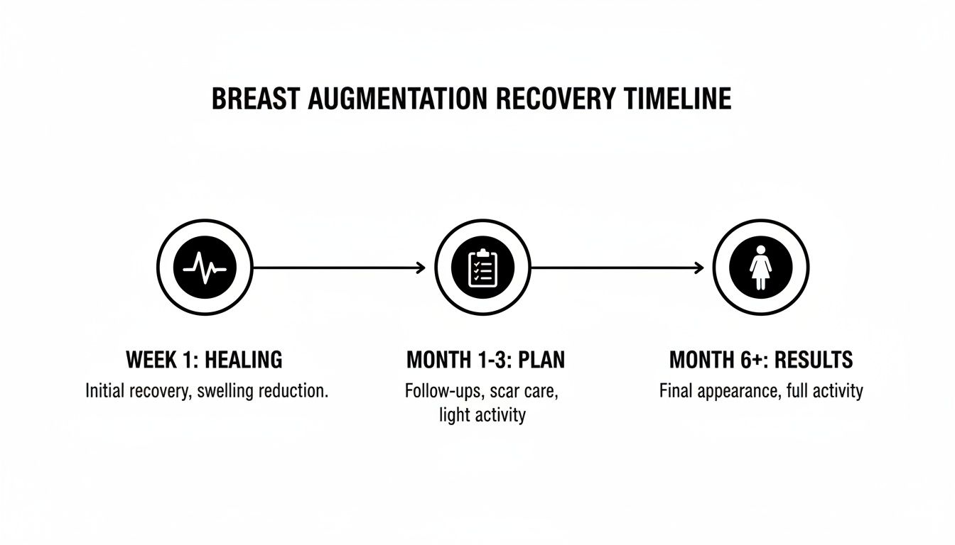 Infographic timeline illustrating the three key recovery stages after breast augmentation surgery, from initial healing to final results.