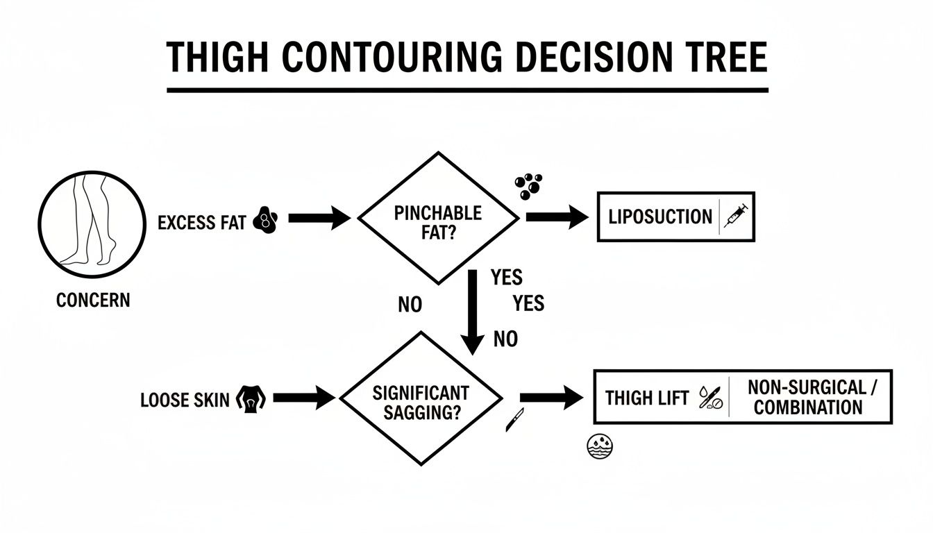 Decision tree outlining treatments for thigh contouring, addressing excess fat with liposuction or loose skin options.
