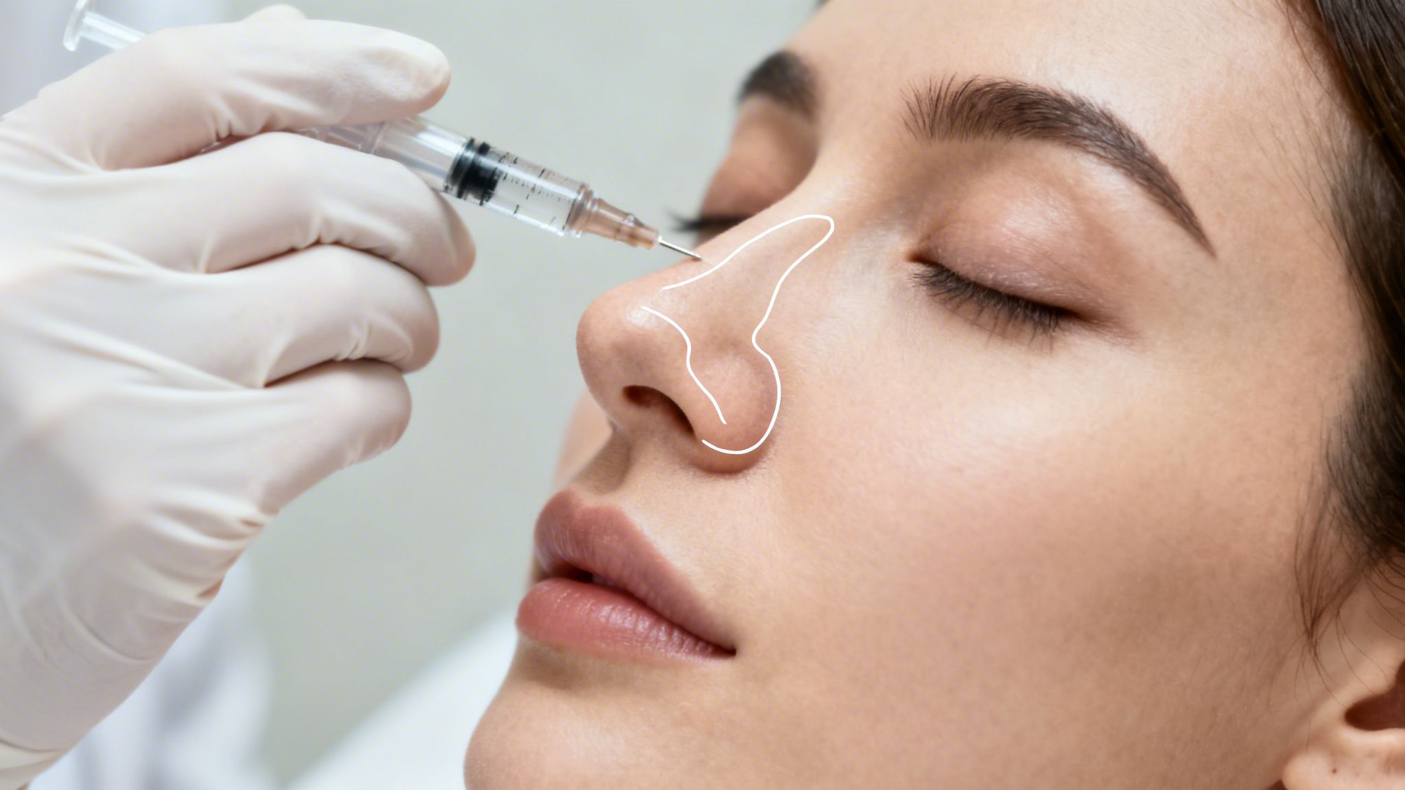 Close-up of a patient receiving a non-surgical nose job (rhinoplasty) with a syringe and filler.