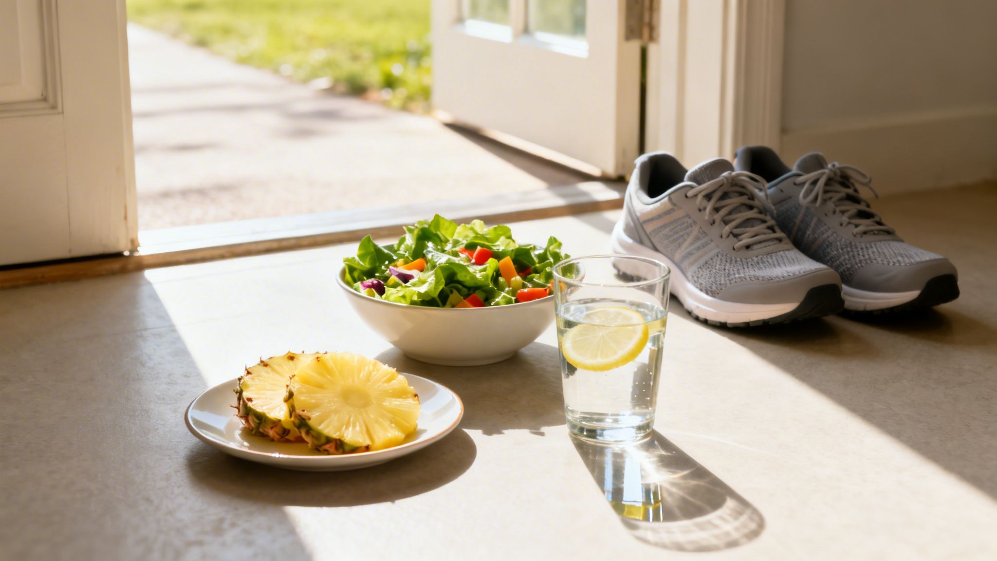 Running shoes, a fresh salad, pineapple, and lemon water on the floor, ready for a healthy day.