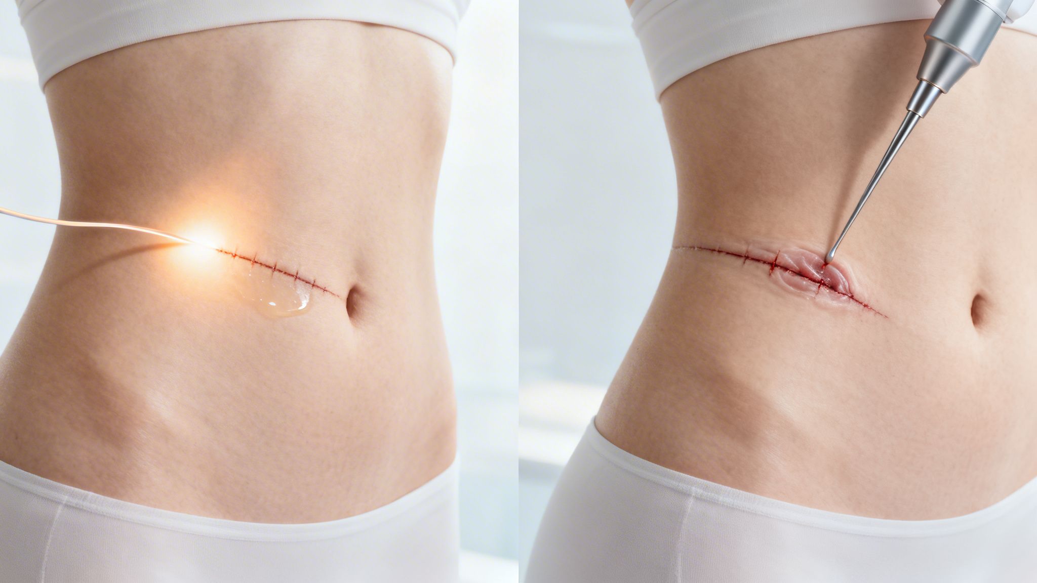 A split image shows a woman's abdomen with surgical incisions and medical instruments for treatment.