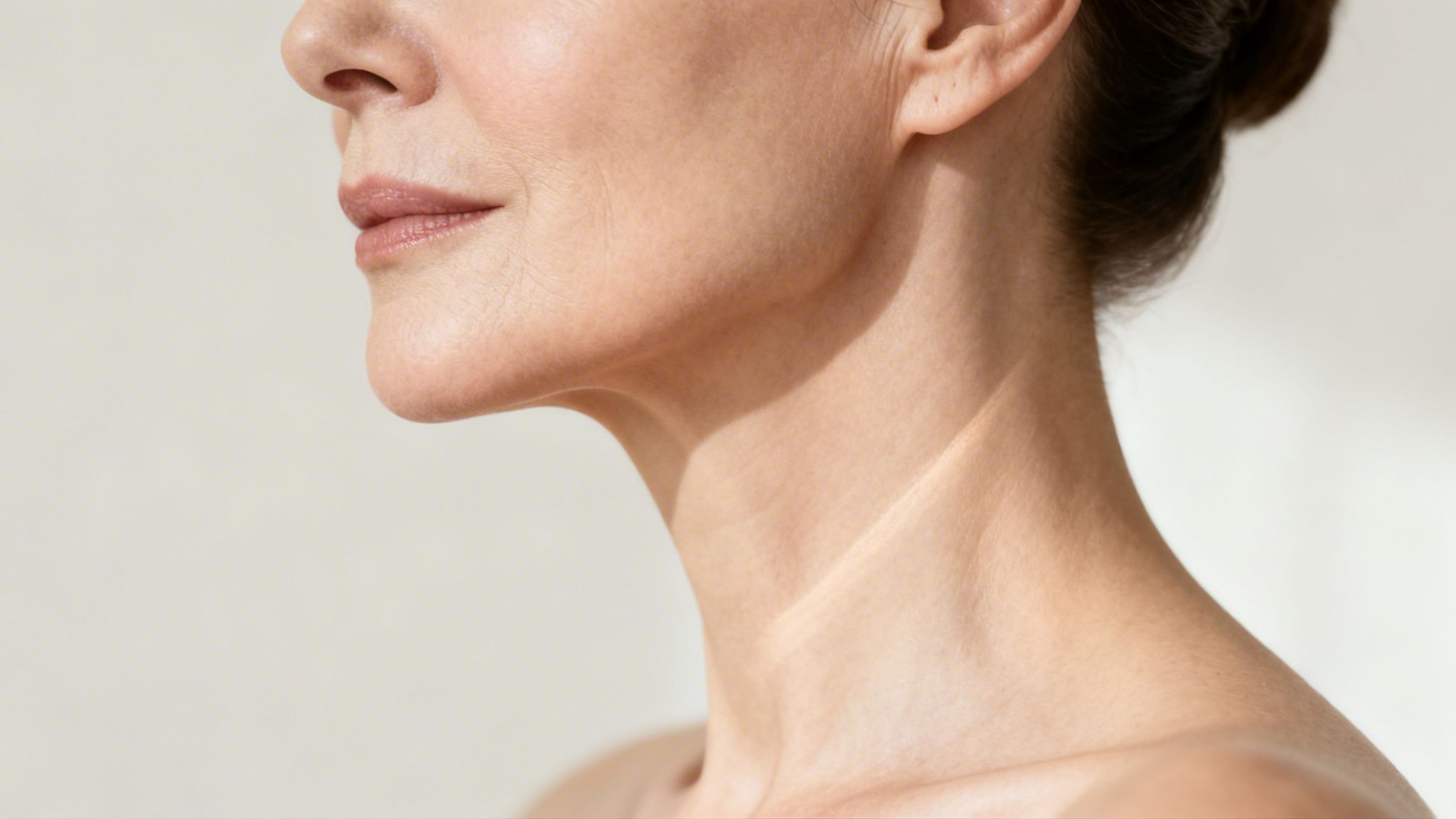 Side profile of a mature woman's face, neck, and shoulder showing natural skin texture.