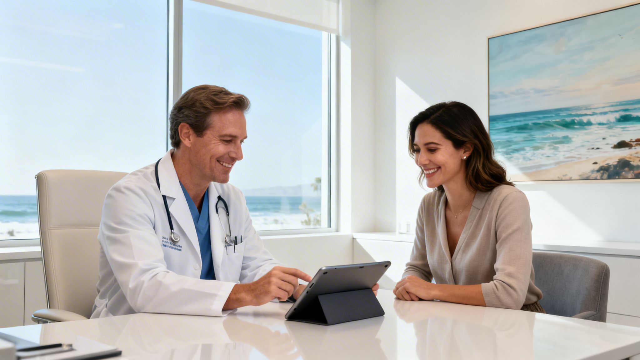 A smiling male doctor shows a tablet to a female patient in an office with an ocean view.