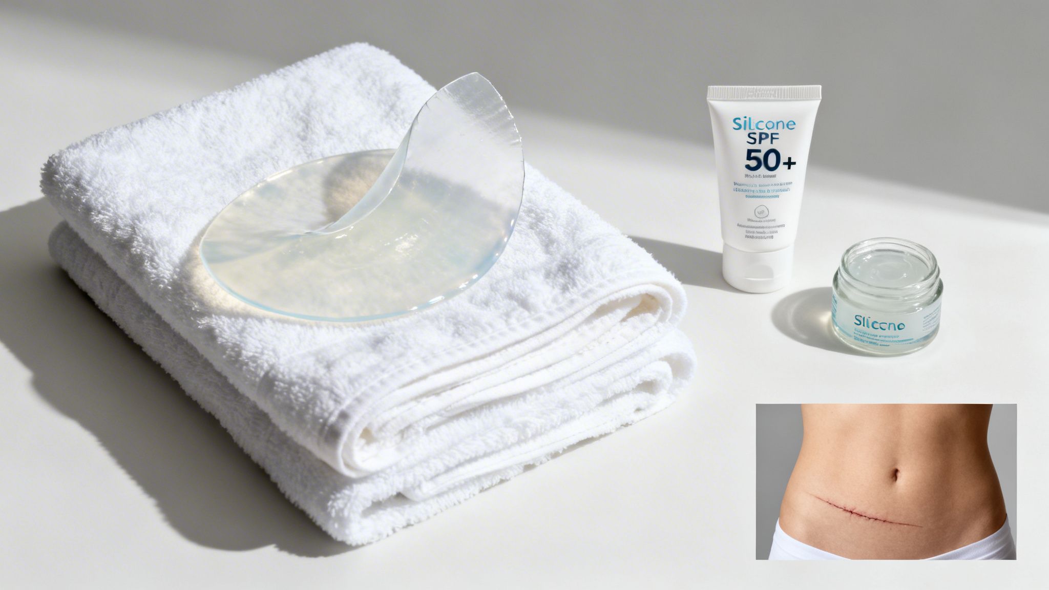 Silicone scar treatment products, including gel, cream, and sheets, displayed with a surgical scar.