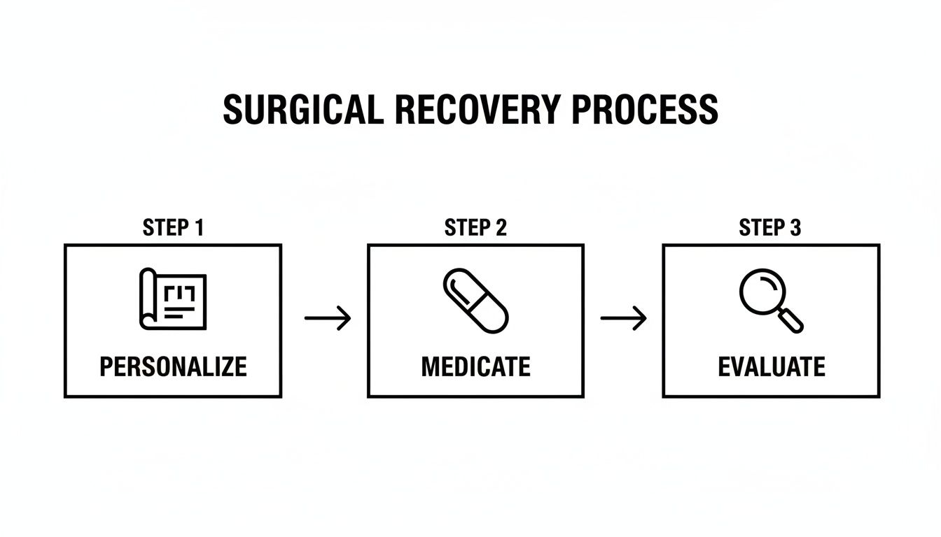 A three-step surgical recovery process flow: personalize, medicate, and evaluate, with corresponding icons.