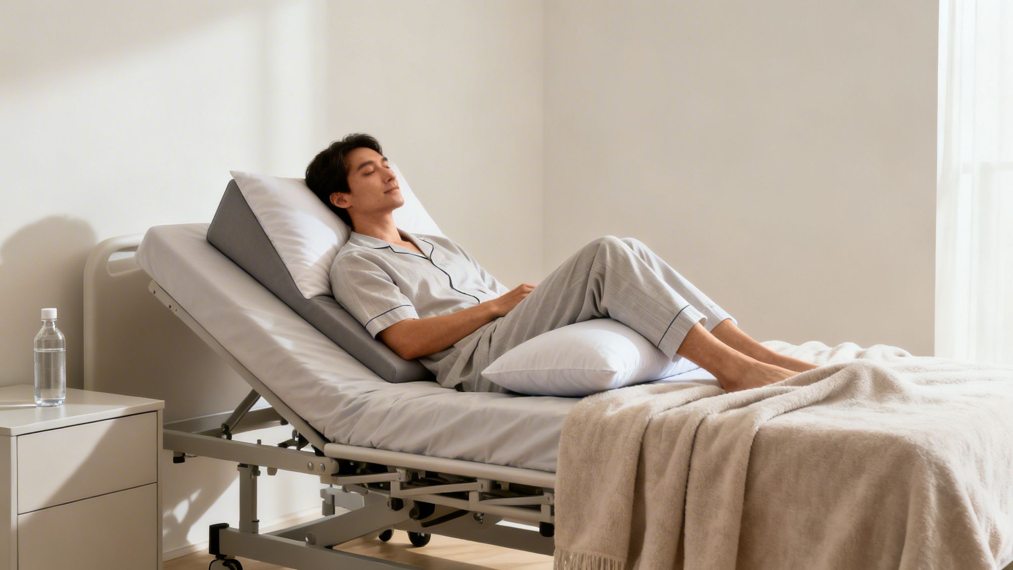 A man in pajamas rests comfortably on an adjustable bed with a wedge pillow and a blanket.