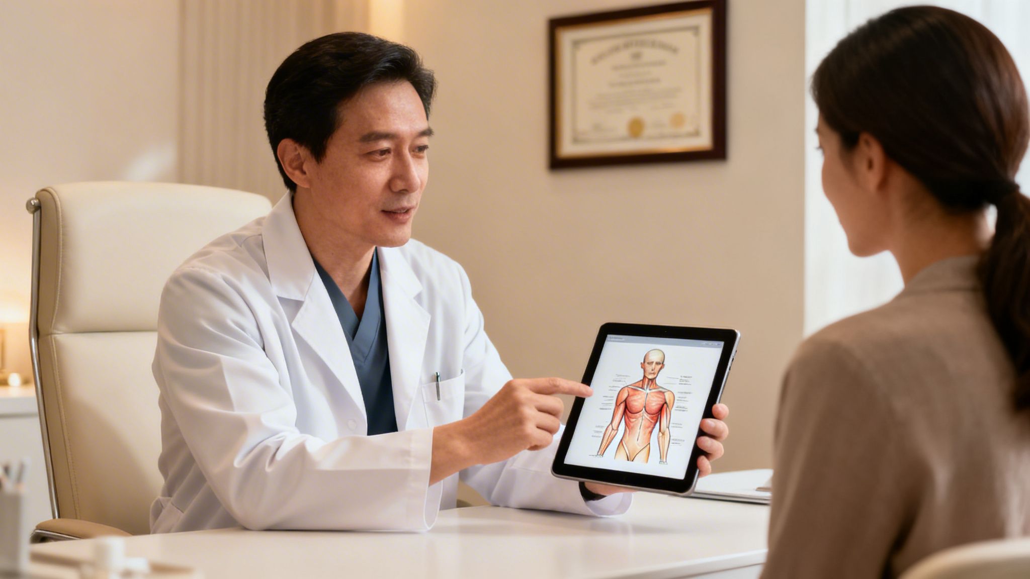 A male doctor shows a female patient an anatomical diagram on a tablet in a medical consultation.