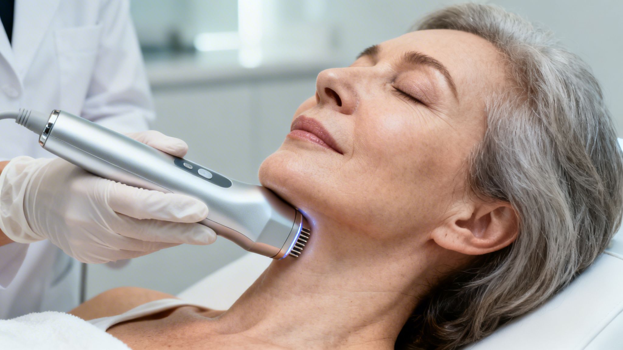 A person in gloves uses a cosmetic device with blue light on a mature woman's neck for skin tightening.