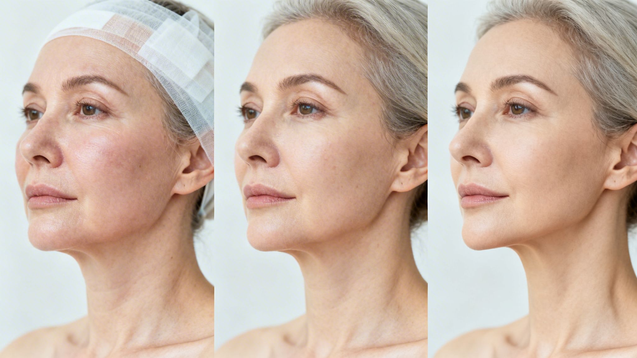 A woman's face and neck before, during, and after a cosmetic anti-aging procedure.