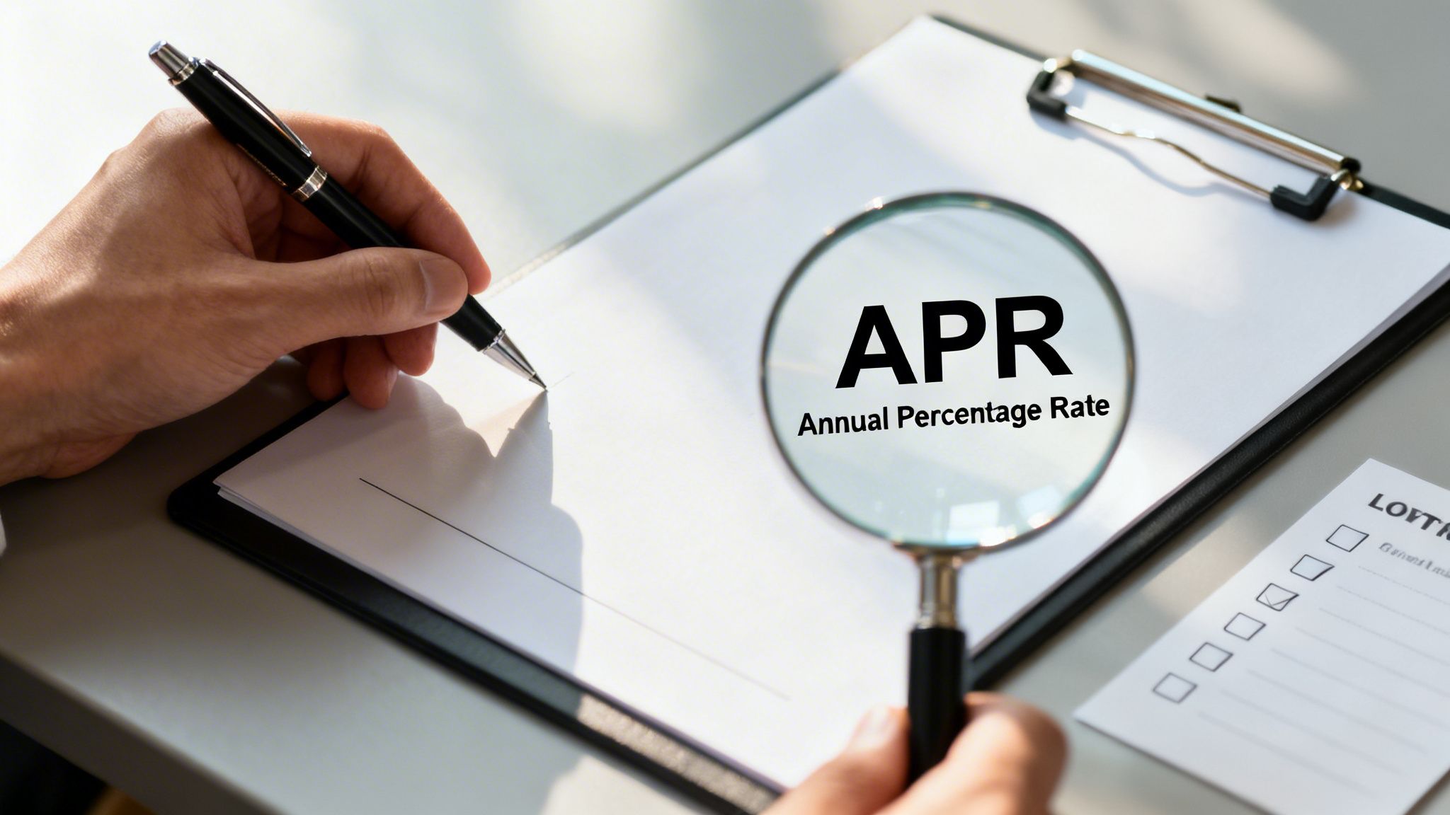A person writing on a document with a pen, examining 'APR Annual Percentage Rate' through a magnifying glass.