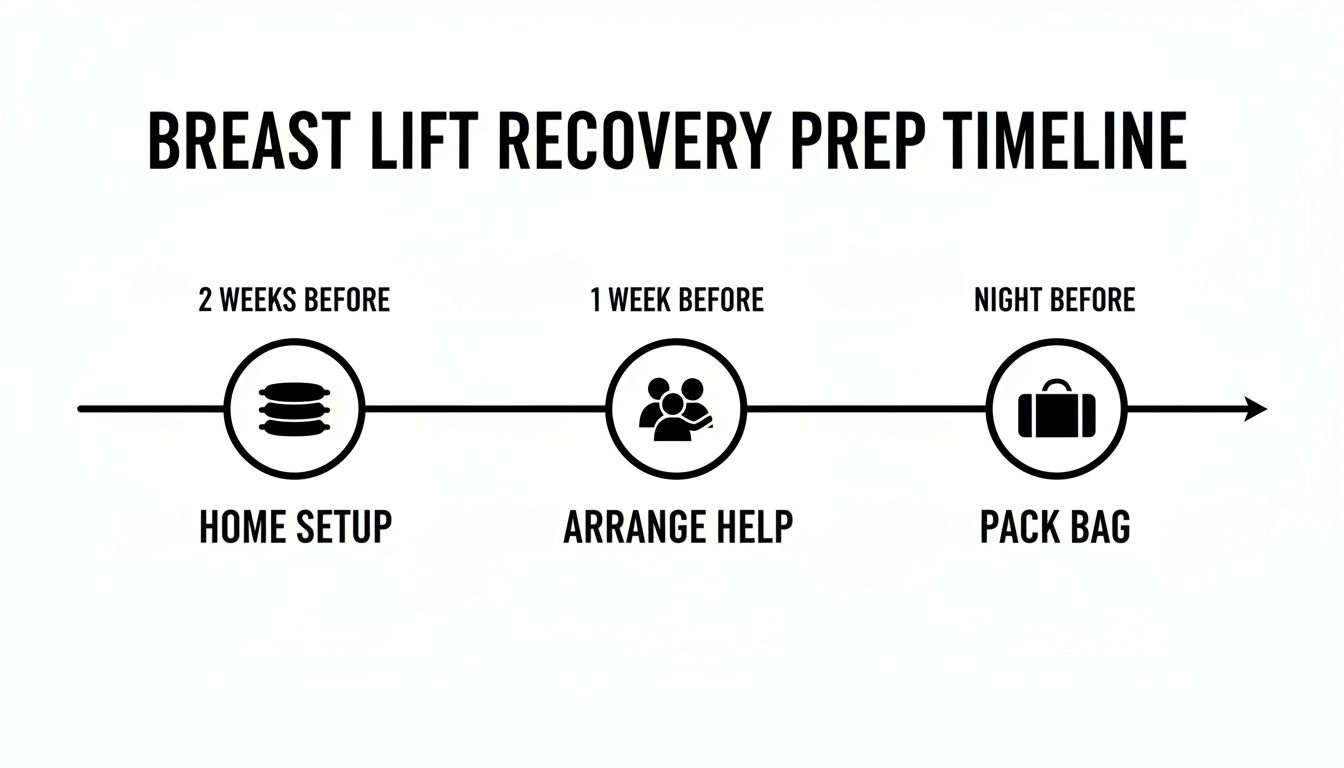 Timeline showing preparation steps for breast lift recovery: home setup, arranging help, and packing a bag.