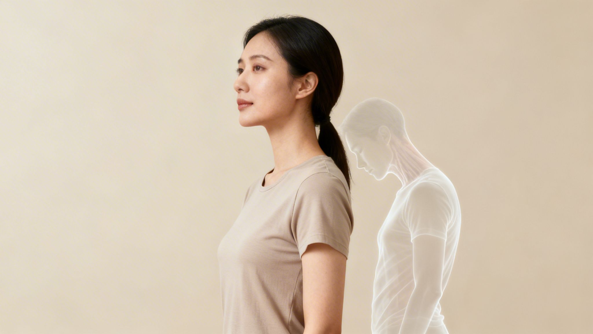 An Asian woman with good posture stands next to a faded figure showing poor, slumped posture.