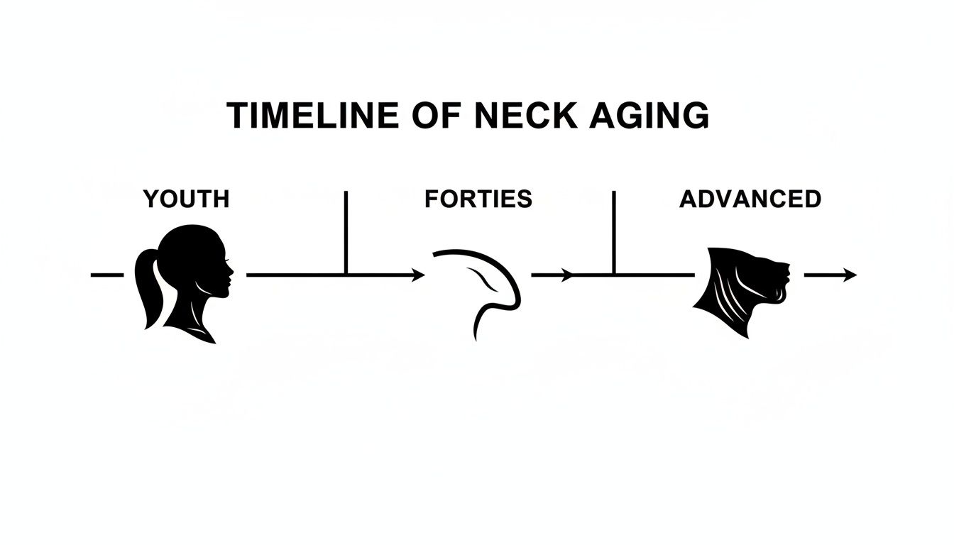 Timeline illustrating the progression of neck aging from youth to advanced stages, showing sagging skin.