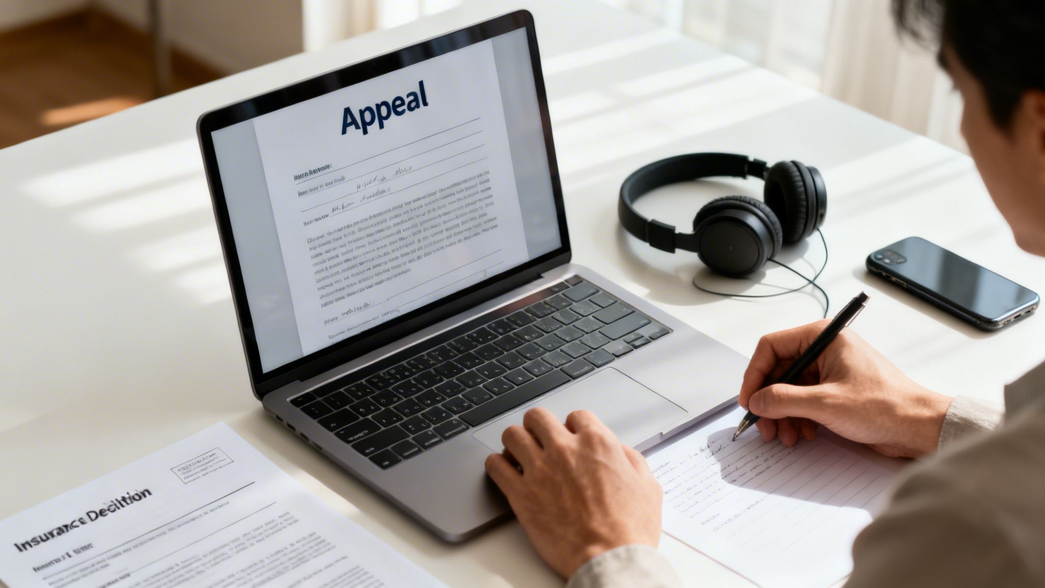 A person reviewing an insurance appeal document on a laptop and taking notes on paper.