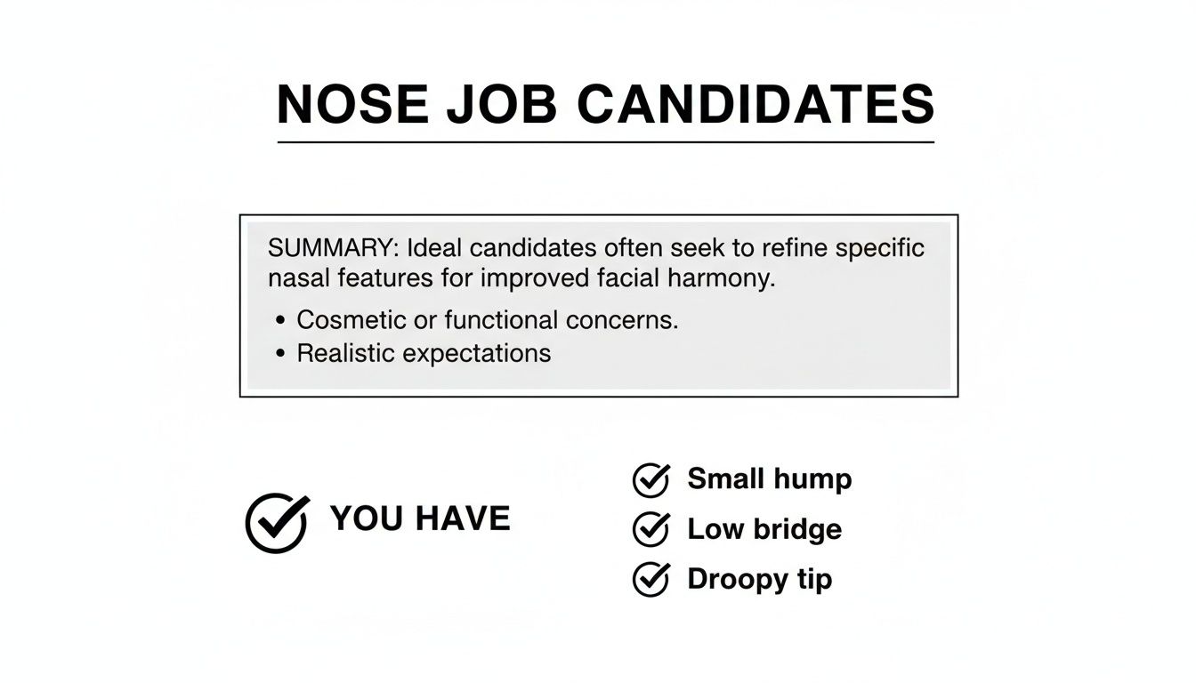 Summary of ideal nose job candidates, detailing common concerns like small hump, low bridge, and droopy tip.